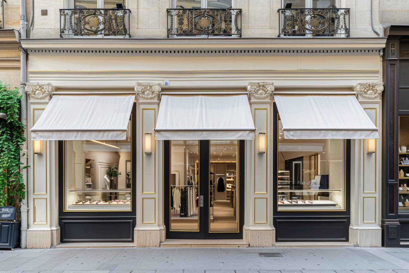 Elegant parisian storefront with awnings extended on sunny day Parisian storefront with elegant moldings and awnings extended over glass windows, displaying luxury goods on a sunny summer day