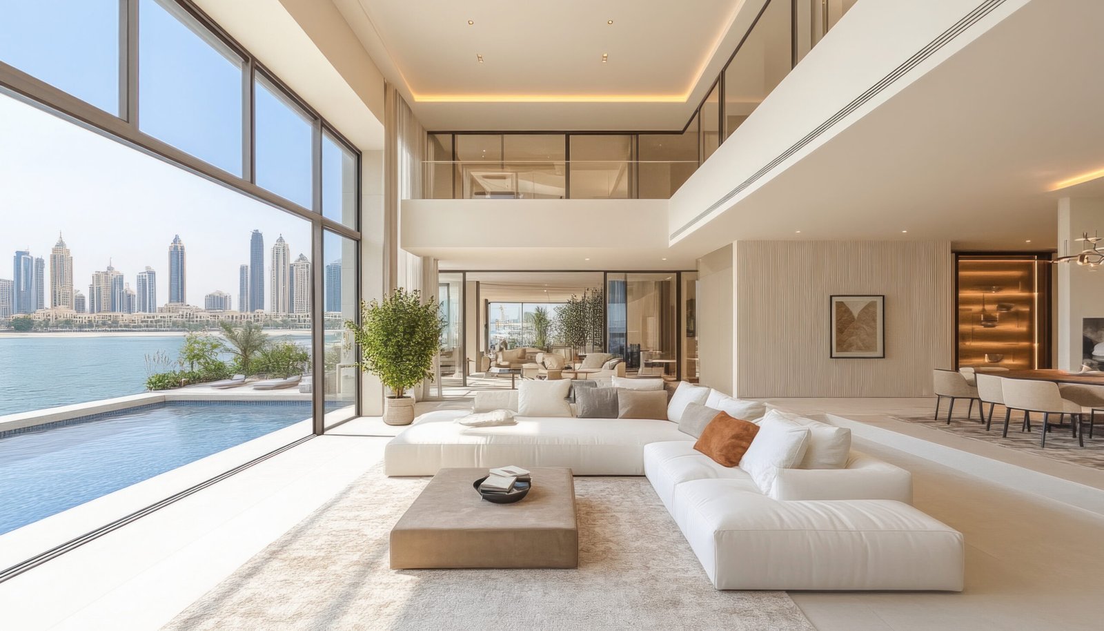 Modern, open plan living room with large windows overlooking the dubai skyline